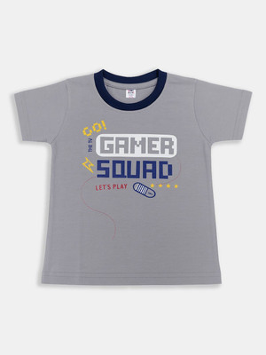 Here&Now X Game Begins Boys Printed Pure Cotton Regular T Shirt(Grey, Pack of 1)