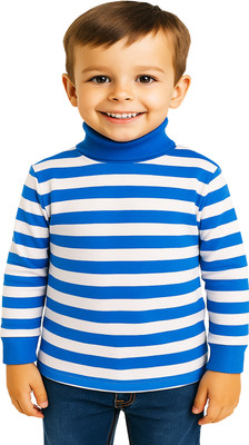 KidzzCart Boys Striped Pure Cotton Regular T Shirt(Blue, Pack of 1)