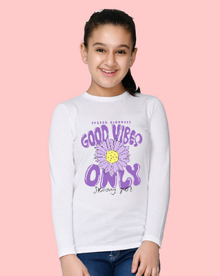 Nusyl Girls Graphic Print Cotton Blend Regular T Shirt(White, Pack of 1)