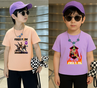 Lecowar Boys Printed Polyester Regular T Shirt(Pink, Purple, Pack of 1)