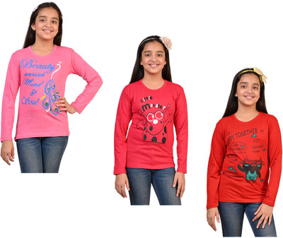 IndiWeaves Girls Printed Pure Cotton Regular T Shirt(Multicolor, Pack of 3)