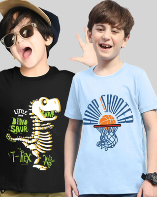 AUSK Boys Graphic Print Cotton Blend Regular T Shirt(Light Blue, Black, Pack of 2)
