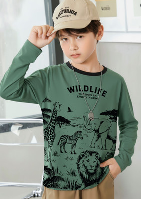 FROSEN FOX Boys Self Design Pure Cotton Regular T Shirt(Green, Pack of 1)