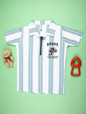 V-MART Boys Striped Cotton Blend Regular T Shirt(White, Green, Pack of 1)