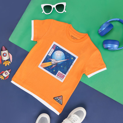 Pantaloons Junior Boys Printed Pure Cotton Regular T Shirt(Orange, Pack of 1)