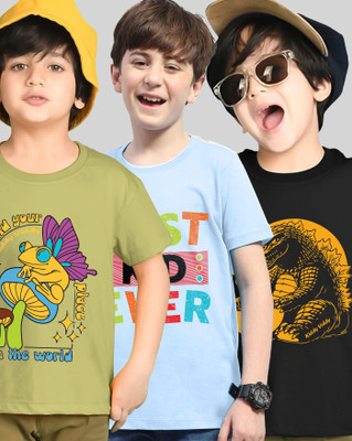 AOOSH Boys Printed Cotton Blend Regular T Shirt(Green, Light Blue, Pack of 3)