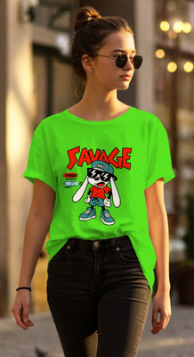 Dagcros Girls Graphic Print Cotton Blend Oversized T Shirt(Green, Pack of 1)