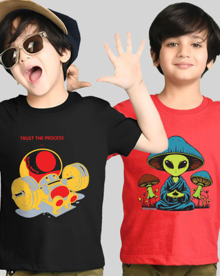 AUSK Boys Printed Cotton Blend Regular T Shirt(Red, Black, Pack of 2)