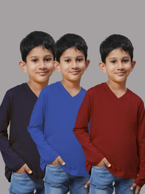 FRISKERS Boys Solid Pure Cotton Regular T Shirt(Blue, Pack of 3)