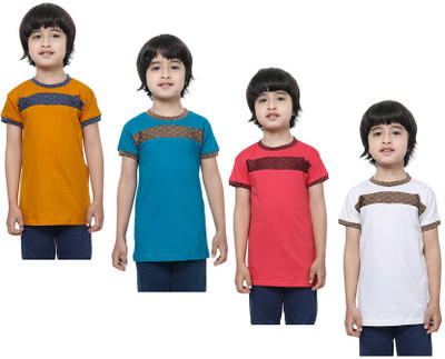 KAVYA Boys Self Design Pure Cotton Regular T Shirt(Multicolor, Pack of 4)