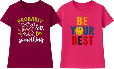 FARAAZ Girls Printed Pure Cotton Regular T Shirt(Multicolor, Pack of 2)