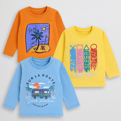 KidsCute Baby Boys Printed Pure Cotton Regular T Shirt(Multicolor, Pack of 3)
