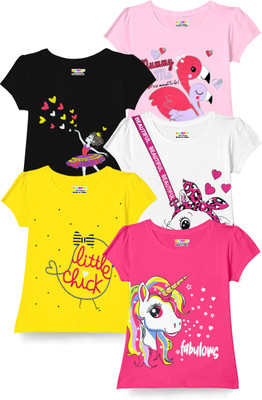 Kuchipoo Girls Printed Cotton Blend Regular T Shirt(Multicolor, Pack of 5)