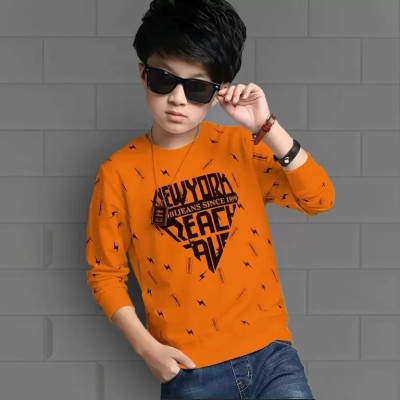Ticoss Boys & Girls Printed Cotton Blend T Shirt(Orange, Pack of 1)