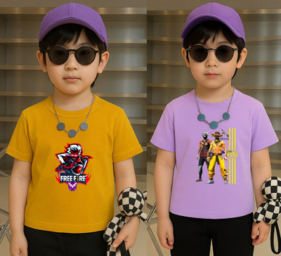 Lecowar Boys Printed Polyester Regular T Shirt(Yellow, Purple, Pack of 2)