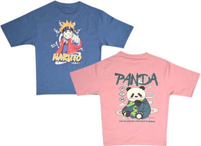 NeuVin Boys & Girls Printed Pure Cotton Regular T Shirt(Blue, Pink, Pack of 2)
