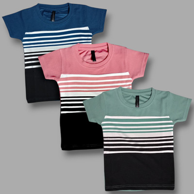 Monkeymix Boys Striped Cotton Blend Regular T Shirt(Multicolor, Pack of 3)