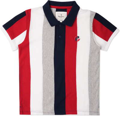 Pepe Jeans Boys Striped Pure Cotton Regular T Shirt(Red, Pack of 1)