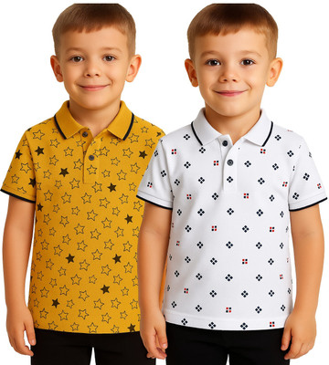 EyeWater Boys Printed Cotton Blend Regular T Shirt(Yellow, Pack of 2)