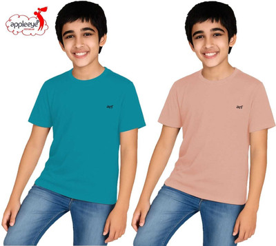 Appleeye Boys Solid Cotton Blend Regular T Shirt(Green, Pack of 2)