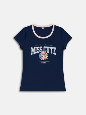Here&Now X Game Begins Baby Girls Printed Cotton Blend Regular T Shirt(Blue, Pack of 1)