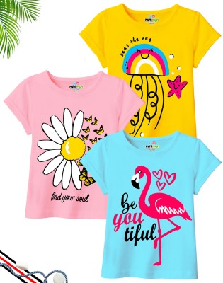 MINI MYN Girls Printed Cotton Blend Regular T Shirt(Multicolor, Pack of 3)