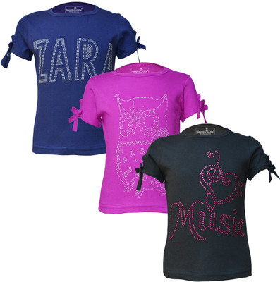 Just Live Fashionn Girls Printed Pure Cotton Regular T Shirt(Multicolor, Pack of 3)