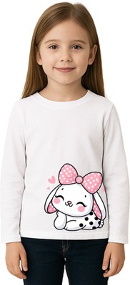 doodleberry Girls Printed Cotton Blend Regular T Shirt(White, Pack of 1)