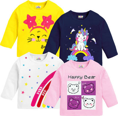 Kuchipoo Baby Girls Printed Cotton Blend Regular T Shirt(Multicolor, Pack of 4)