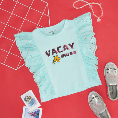 Pantaloons Junior Girls Printed Cotton Blend Regular T Shirt(Light Green, Pack of 1)