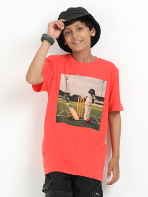 estuna Boys Printed Pure Cotton Regular T Shirt(Orange, Pack of 1)