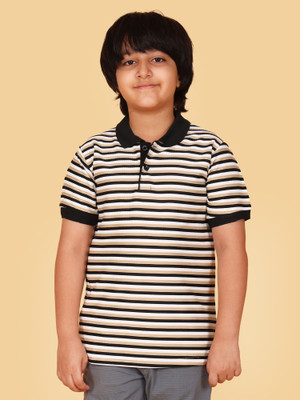 BUTRU Boys Striped Cotton Blend Regular T Shirt(White, Pack of 1)