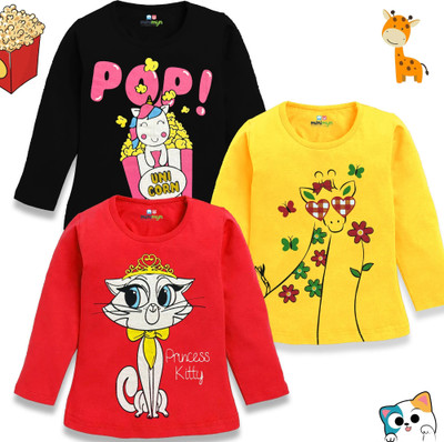 MINI MYN Baby Girls Graphic Print Cotton Blend Regular T Shirt(Multicolor, Pack of 3)