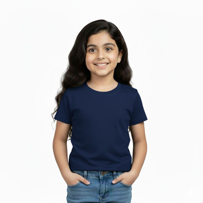 DEHCY Girls Solid Pure Cotton Regular T Shirt(Blue, Pack of 1)