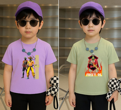 Lecowar Boys Printed Polyester Regular T Shirt(Purple, Green, Pack of 2)