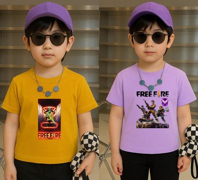 Lecowar Boys Graphic Print Polyester Regular T Shirt(Yellow, Purple, Pack of 2)