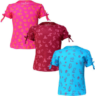 Eazy Trends Girls Printed Pure Cotton Regular T Shirt(Multicolor, Pack of 3)
