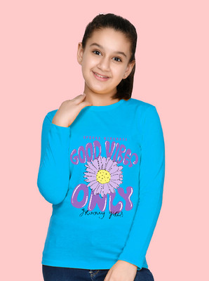 Nusyl Girls Graphic Print Cotton Blend Regular T Shirt(Blue, Pack of 1)