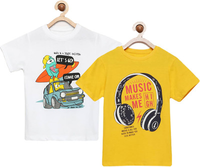 Hanushri Boys Printed Pure Cotton Regular T Shirt(Yellow, Pack of 2)