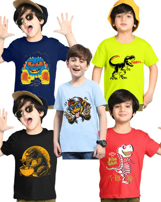 Kiddy Viddy Boys Printed Cotton Blend Regular T Shirt(Light Green, Light Blue, Pack of 5)