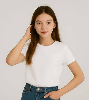 Wearax Girls Solid Cotton Blend Regular T Shirt(White, Pack of 1)