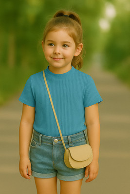 Rory Girls Solid Cotton Blend Regular T Shirt(Blue, Pack of 1)