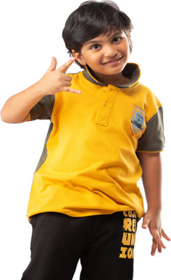CUJOE Boys Printed Pure Cotton Regular T Shirt(Yellow, Pack of 1)