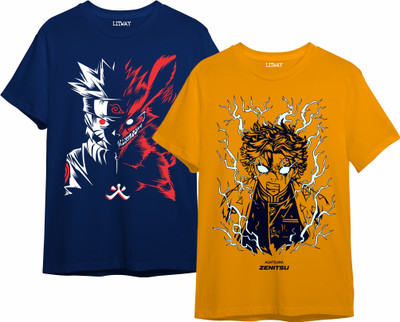 Litway Boys Printed Pure Cotton Regular T Shirt(Dark Blue, Yellow, Pack of 2)