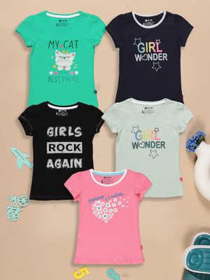 3Pin Girls Graphic Print Pure Cotton Regular T Shirt(Multicolor, Pack of 5)