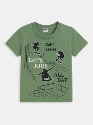 Here&Now X Game Begins Boys Printed Pure Cotton Regular T Shirt(Green, Pack of 1)