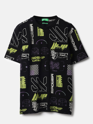 United Colors of Benetton Boys Graphic Print Pure Cotton Regular T Shirt(Black, Pack of 1)