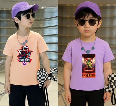 Lecowar Boys Printed Polyester Regular T Shirt(Pink, Purple, Pack of 1)