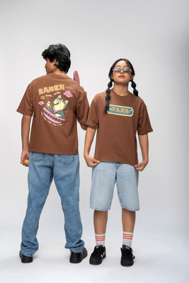 SEISHUN Boys Graphic Print Pure Cotton Oversized T Shirt(Brown, Pack of 1)