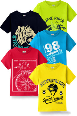 Kuchipoo Boys Printed Cotton Blend Regular T Shirt(Multicolor, Pack of 5)